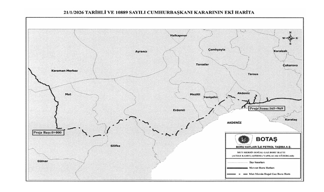 Mut-Mersin Doğal Gaz Boru Hattı Projesi için acele kamulaştırma kararı